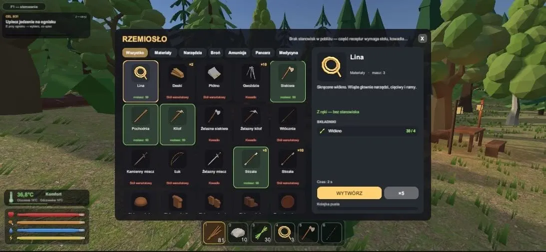 Menu rzemiosła z liną, siekierą i łukiem